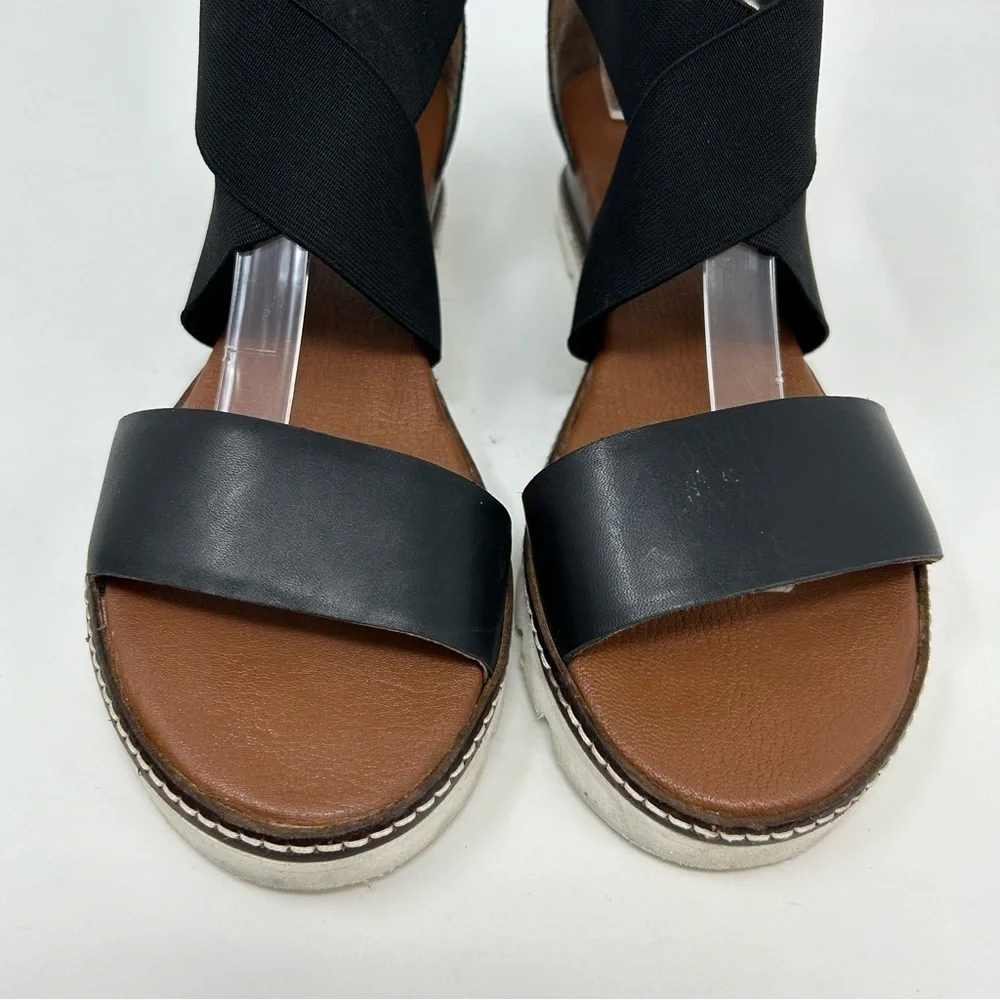 Diba True Black Leather and Fabric Strappy Wedge Comfort Sandals Size 9.5